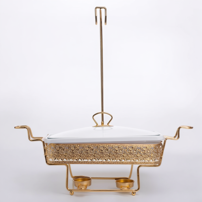 Прямокутний порцеляновий марміт 2 л на золотій стійці з підігрівом YL-78 (39701)