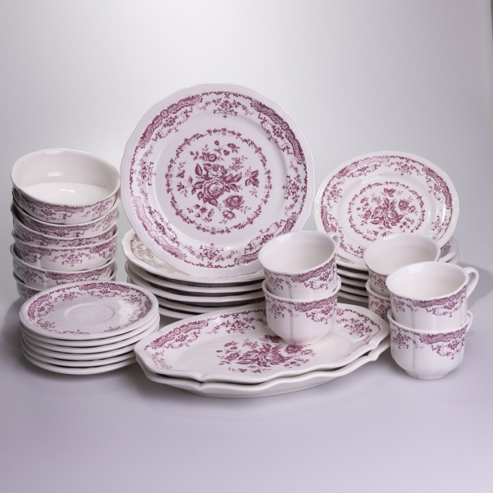 Столовий набір посуду тарілок і чашок 32 предмети на 6 персон «Бордовий Меандр» порцеляновий YY78-3A (10648)