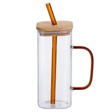 Скляна чашка 400 мл з бамбуковою кришкою і золотистою трубочкою HP-19-146GOLD (56937)