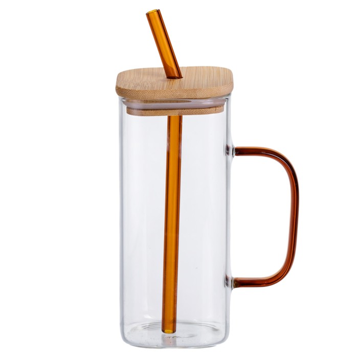 Скляна чашка 400 мл з бамбуковою кришкою і золотистою трубочкою HP-19-146GOLD (56937)