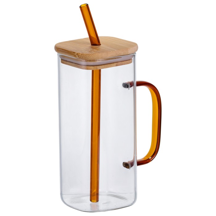 Скляна чашка 400 мл з бамбуковою кришкою і золотистою трубочкою HP-19-146GOLD (56937)