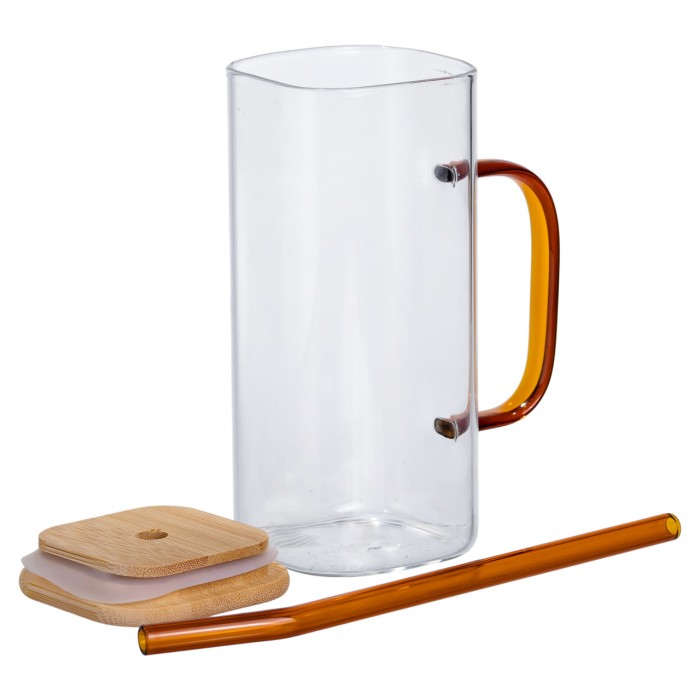 Скляна чашка 400 мл з бамбуковою кришкою і золотистою трубочкою HP-19-146GOLD (56937)