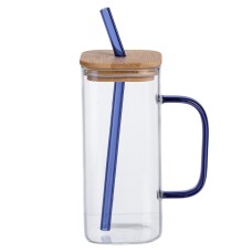 Скляна чашка 400 мл з бамбуковою кришкою і синьою трубочкою HP-19-146BL (63558)
