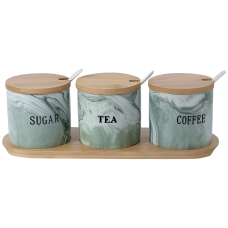 Набір керамічних банок для сипучих продуктів на підставці (3 шт.) Зелений мармур SCT-661 (84436)