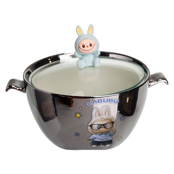 Бульйонниця порцелянова Labubu з кришкою і ручками 800 (мл) Ø15 (см) Сріблястий з блакитним FM-34D (82741)