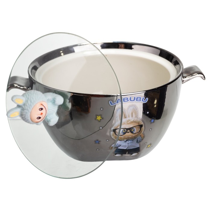 Бульйонниця порцелянова Labubu з кришкою і ручками 800 (мл) Ø15 (см) Сріблястий з блакитним FM-34D (82741)