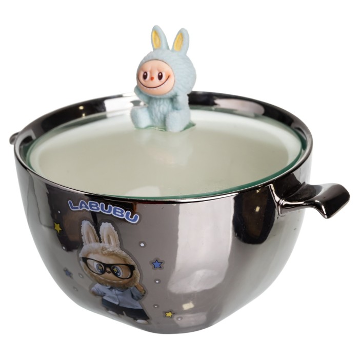 Бульйонниця порцелянова Labubu з кришкою і ручками 800 (мл) Ø15 (см) Сріблястий з блакитним FM-34D (82741)