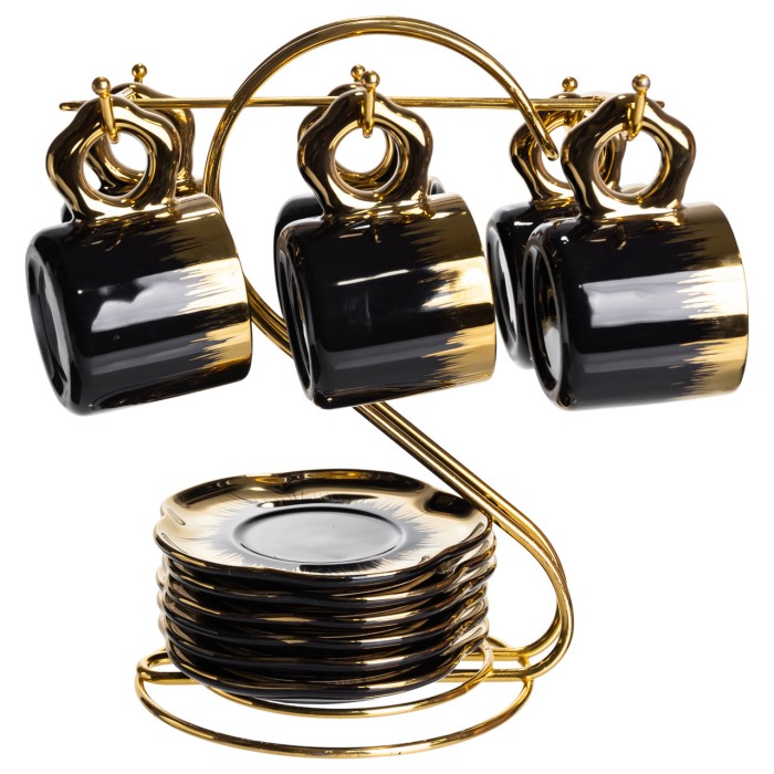 Набір чашок для кави на металевій підставці 6 (шт) по 100 (мл) Чорний з золотом FM-47 (66700)