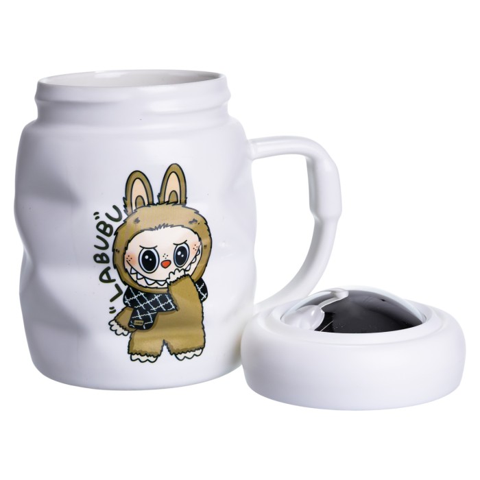 Чашка порцелянова з кришкою Labubu 400 (мл) Біла з коричневим FM-54B (22939)