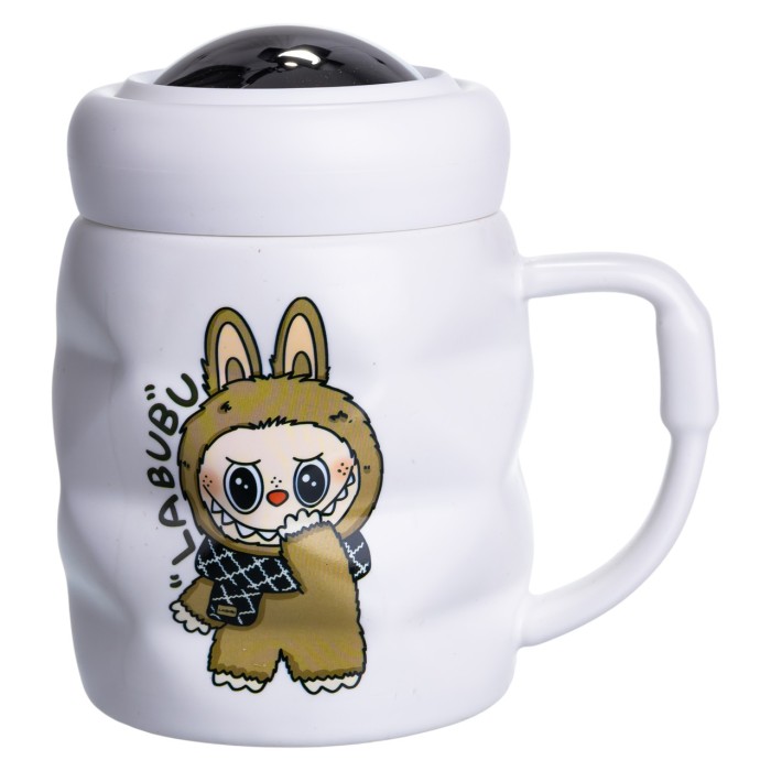 Чашка порцелянова з кришкою Labubu 400 (мл) Біла з коричневим FM-54B (22939)