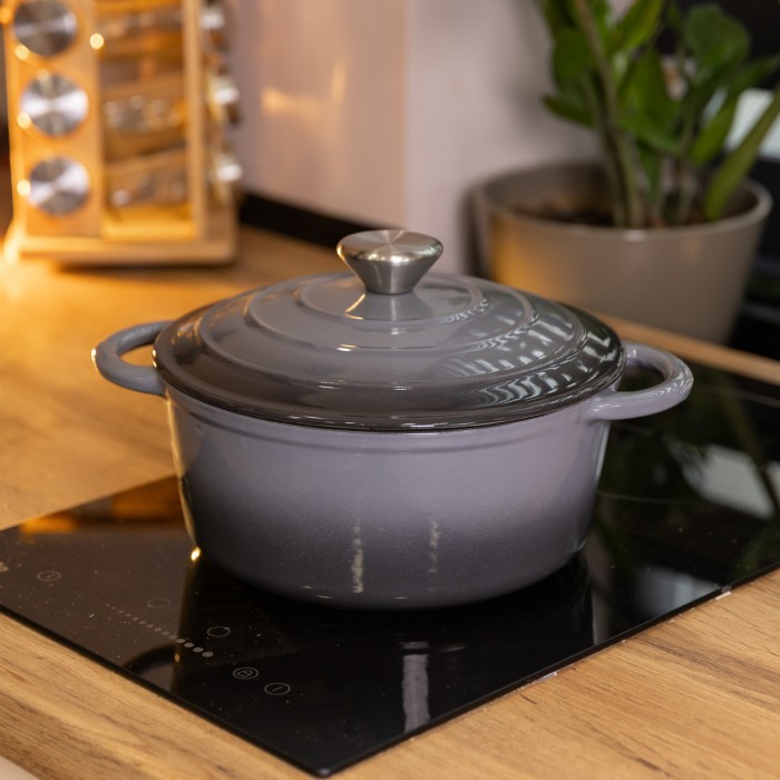 Каструля чавунна 2.5 л емальована з кришкою посуд для тушкування запікання томління кухонна Сіра HP-1-14-GREY (17807)