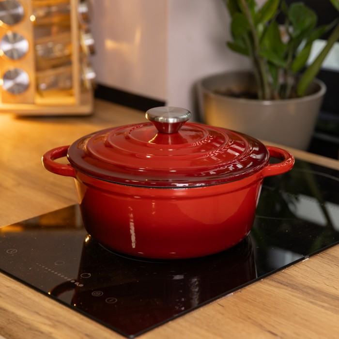 Каструля чавунна 2.5 л емальована з кришкою посуд для тушкування запікання томління кухонна Червона HP-1-14-RED (28769)