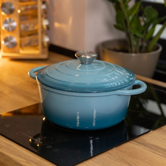 Каструля чавунна 2.5 л емальована з кришкою посуд для тушкування запікання томління кухонна Синя HP-1-14-BLUE (55407)