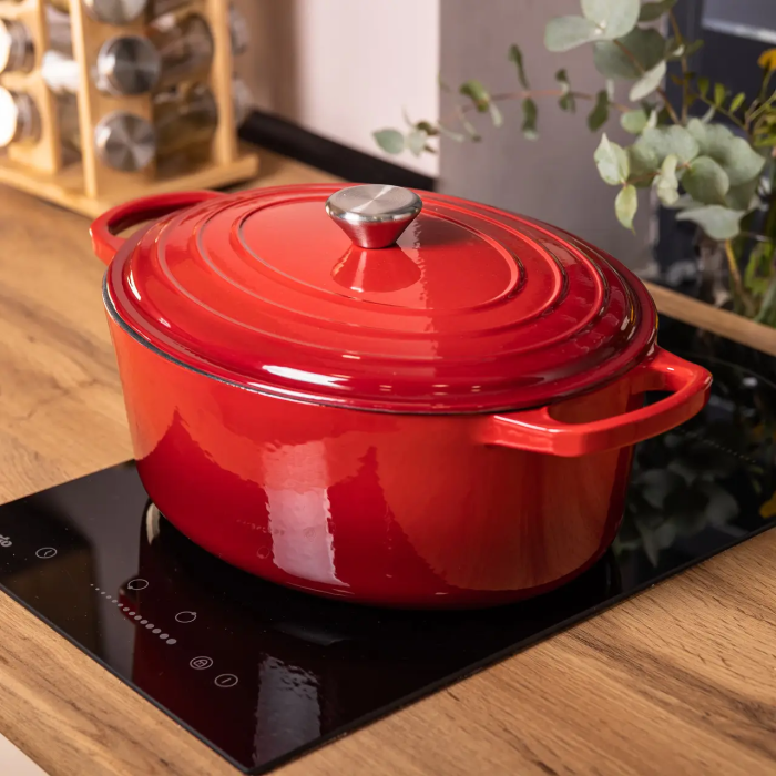 Гусятниця чавунна емальована червона 6 літрів Ø26 см з кришкою, посуд для тушкування запікання всіх типів плит HP-1-10-RED (61894)