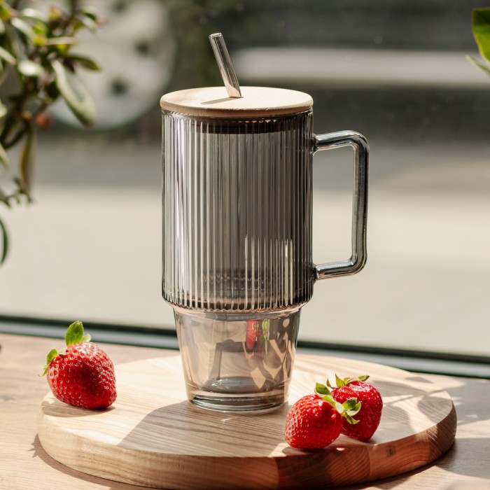 Кружка скляна з кришкою та трубочкою 750 (мл) Сірий HP-19-50 (18601)