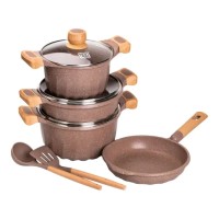 Набір посуду, 3 каструлі, товстодонне алюмінієве дно MGC з лопаткою та ополоником, кавовий. (10754)