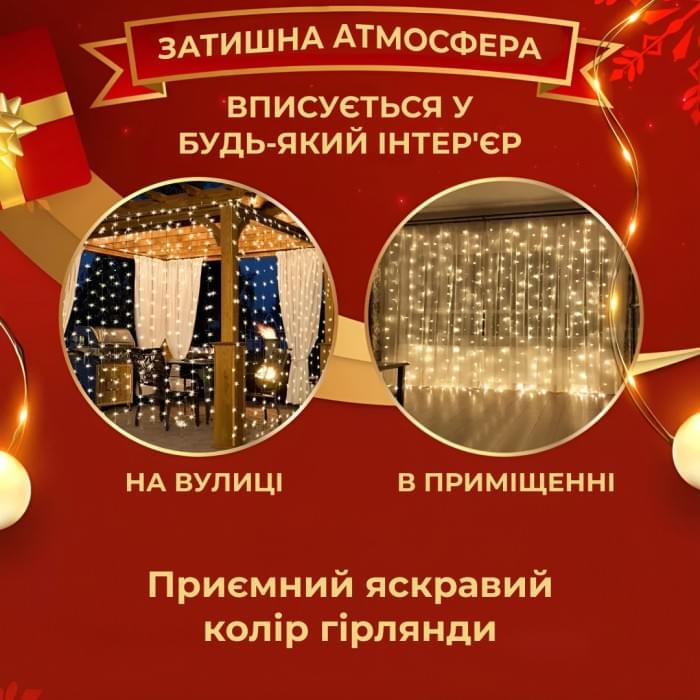Гірлянда штора світлодіодна GarlandoPro Роса 200LED 3х2м 10 ліній 8 режимів гірлянда крапля роси Жовтий 173304Y (89882)