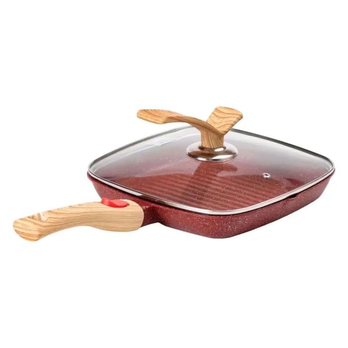Алюмінієва сковорода-гриль 24 см зі скляною кришкою Square Red MGC HP-4-461R (81930)