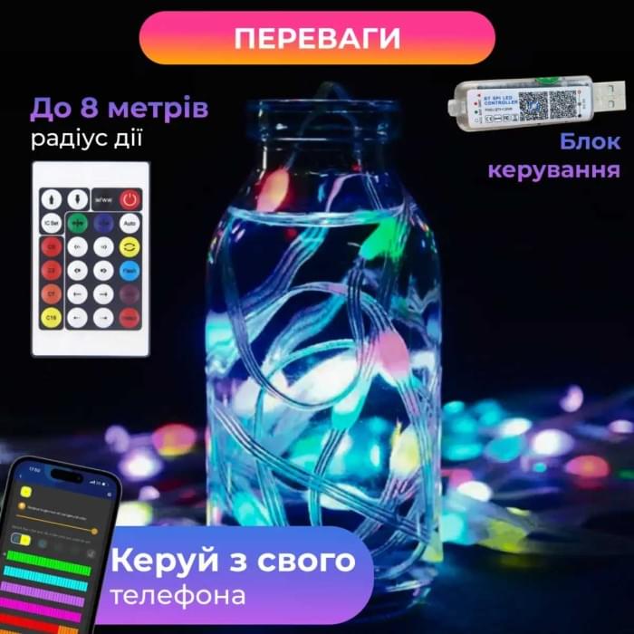 Розумна гірлянда Smart 250 LED довжина 2,5 м з керуванням смартфона прозора, мультиколор 1733044W (44020)