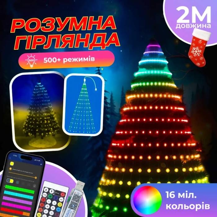 Розумна гірлянда Smart 200 LED довжина 2 м з керуванням зі смартфона прозора, мультиколор 1733042W (41650)