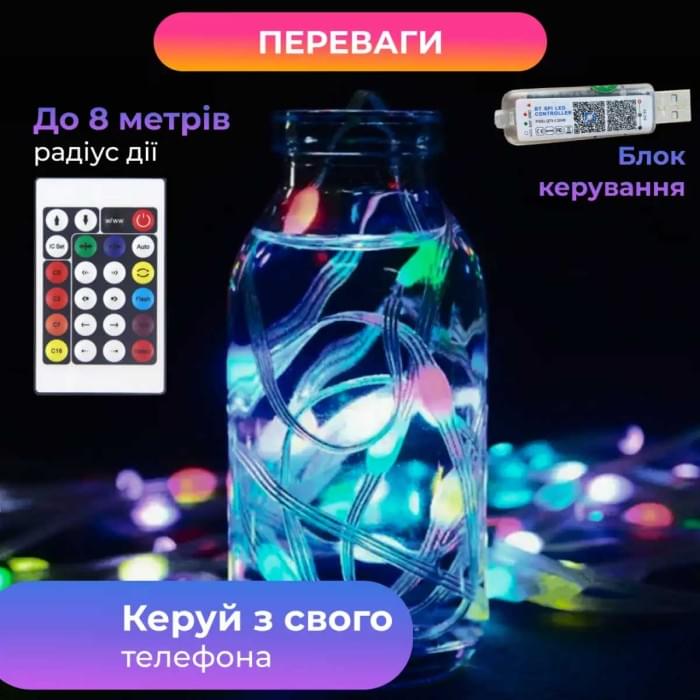 Розумна гірлянда Smart 200 LED довжина 2 м з керуванням зі смартфона прозора, мультиколор 1733042W (41650)