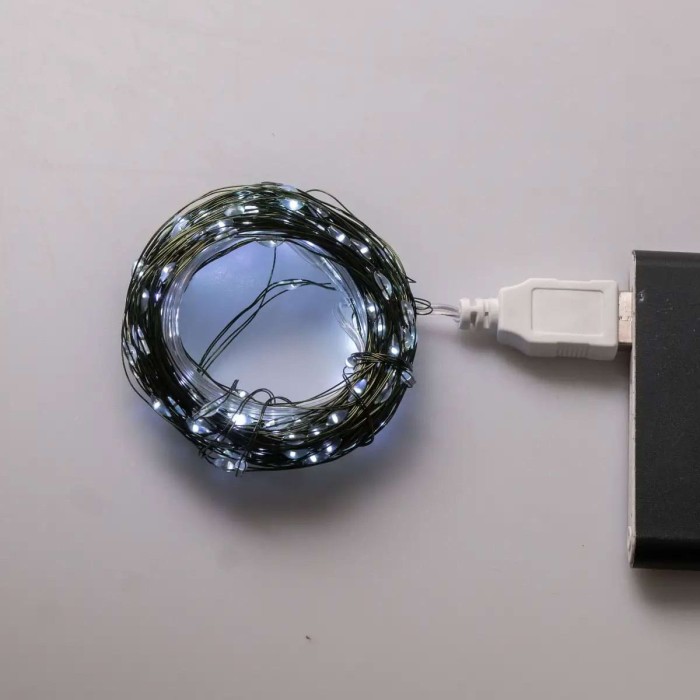 Гірлянда роса 10 метрів USB на 100 led світлодіодів крапля на білому дроті біла USB100L10MWW (33758)