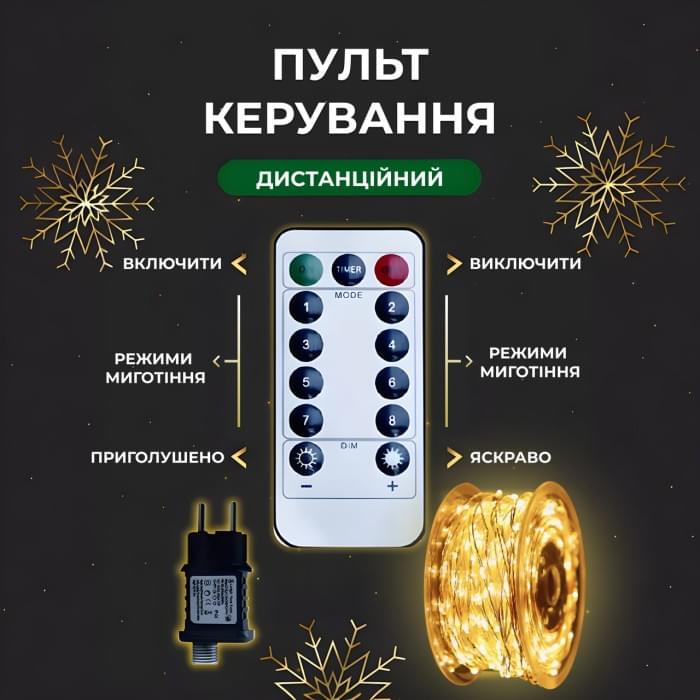 Гірлянда роса на пульті 50 метрів на 500 led світлодіодів крапля на білому дроті жовта 500L50MWY (10768)