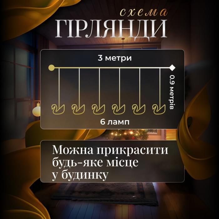 Гірлянда штора з фігурками Сваровскі 3 метри 6 ламп тепле жовте світло 6L3MSWA (14024)