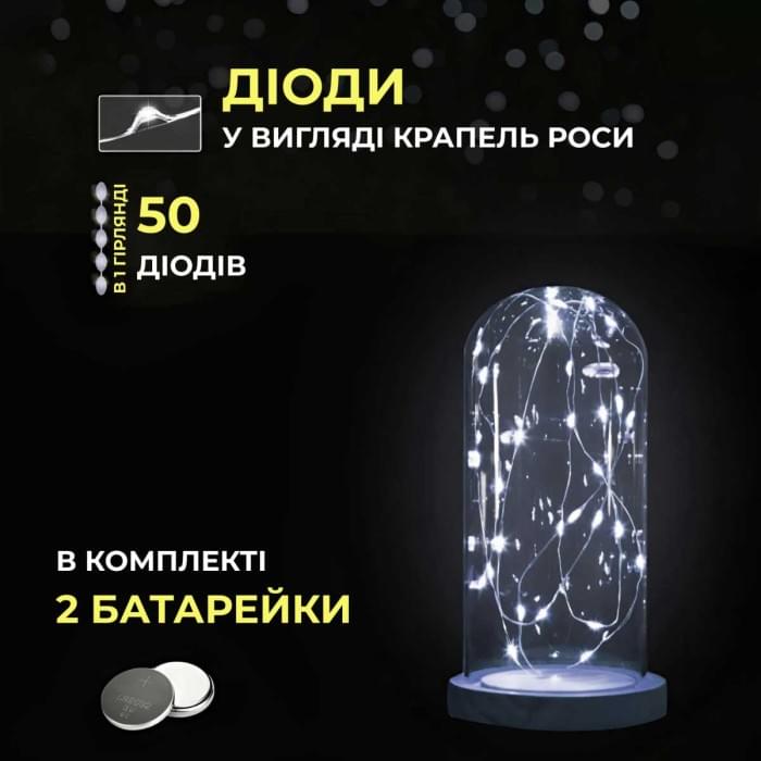 Світлодіодна гірлянда Роса 5 метрів на батарейках 50 led нитка на зеленому дроті біла (56823)
