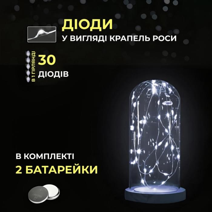 Світлодіодна гірлянда Роса 3 метри на батарейках 30 led нитка на білому дроті біла (77162)