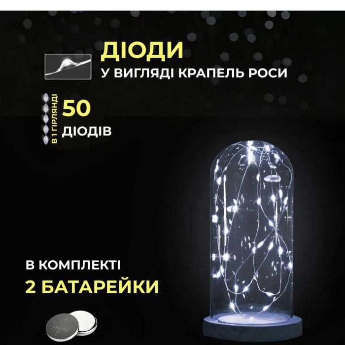 Світлодіодна гірлянда Роса 5 метрів на батарейках 50 led нитка на білому дроті біла (24674)