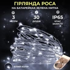 Світлодіодна гірлянда Роса 3 метри на батарейках 30 led нитка на зеленому дроті біла (86471)