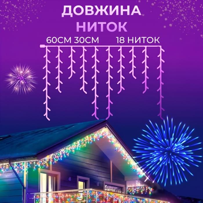 Гірлянда вулична світлодіодна 90 LED 3 метри білий дріт бахрома 18 ниток 3МWML (84366)