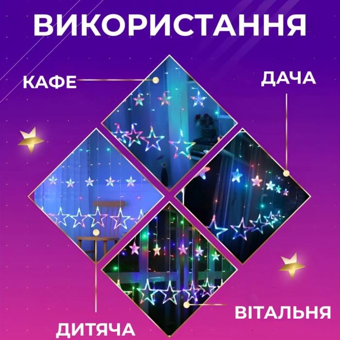 Гірлянда штора 3х0,7 м Зірки на 108 LED лампочок світлодіодна 6 великих та 6 маленьких зірок 9В 8 режимів 1733053ML (32006)