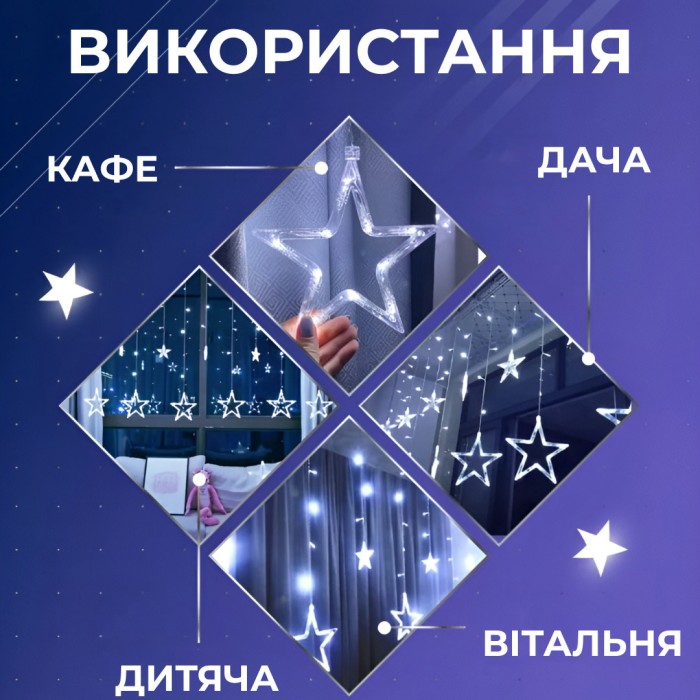 Гірлянда штора 3х0,7 м Зірки на 108 LED лампочок світлодіодна 6 великих та 6 маленьких зірок 9В 8 режимів Білий 1733055W (81659)