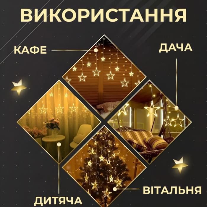 Гірлянда штора 3х0,7 м Зірки на 108 LED лампочок світлодіодна 6 великих та 6 маленьких зірок 9В 8 режимів Жовтий 1733056Y (79894)