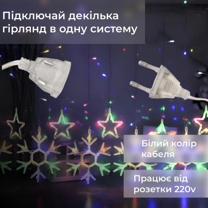 Гірлянда штора 3х0,9 м сніжинка зірка на 145 LED лампочок світлодіодна 10 шт 1733065ML (62386)