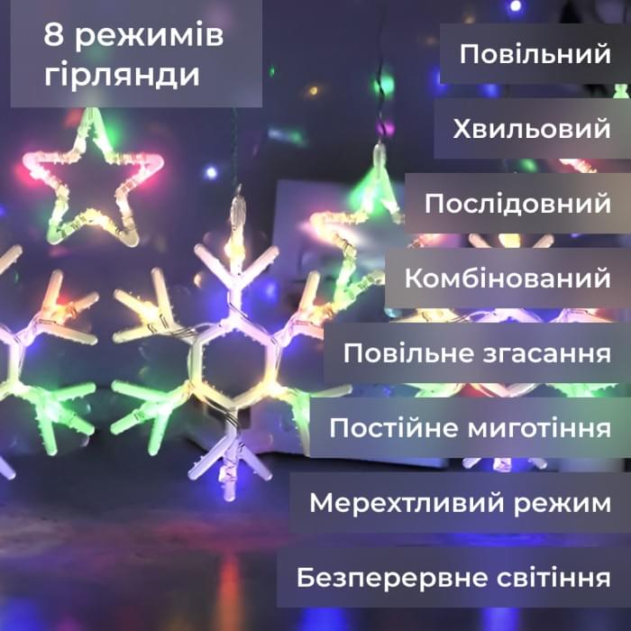 Гірлянда штора 3х0,9 м сніжинка зірка на 145 LED лампочок світлодіодна 10 шт 1733065ML (62386)