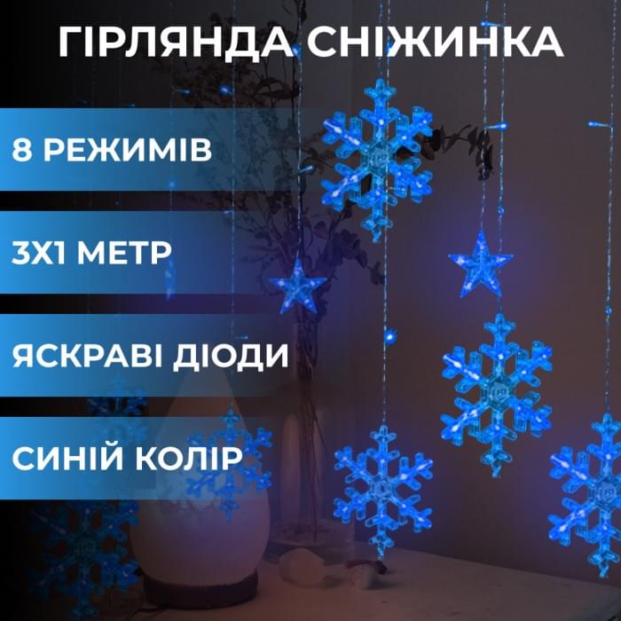 Гірлянда світлодіодна штора GarlandoPro сніжинка і зірка 12 фігур 3х1 м гірлянда зірка Синій 1733062BL (55391)