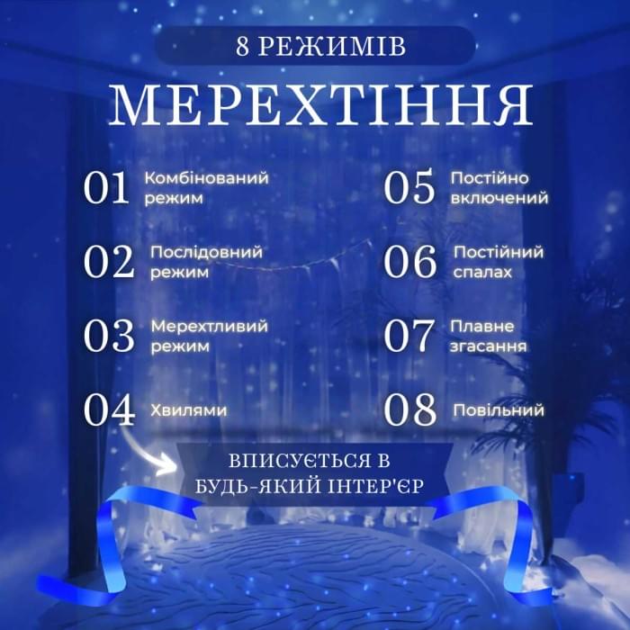 Гірлянда штора 2х2 м 240 LED світлодіодна мідний провід 8 ниток Синій ZWM2240LEDBL (76195)