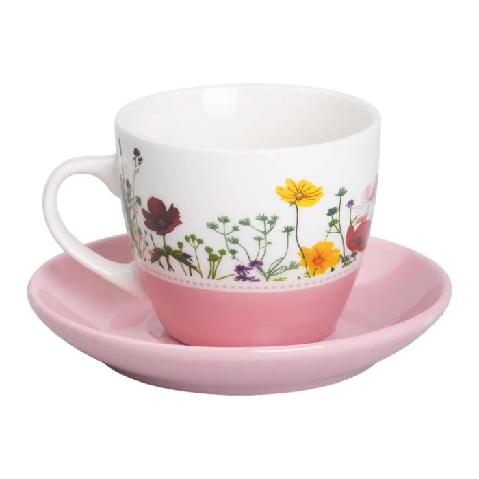 Керамічна чашка з блюдцем 250 (мл) для чаю та кави Рожева RX-N24723P (29502)