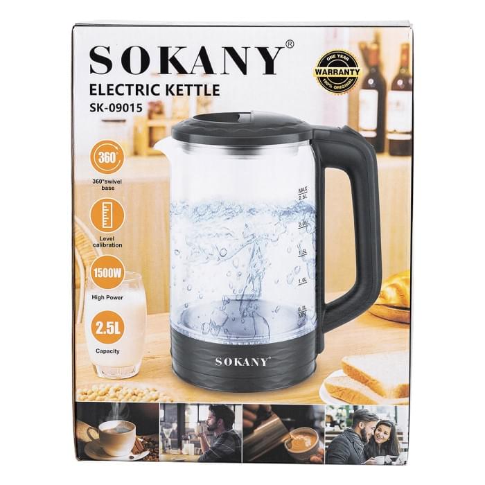 Електричний чайник скляний 2,5 л Sokany SK-09015 дисковий 1500 Вт (82294)