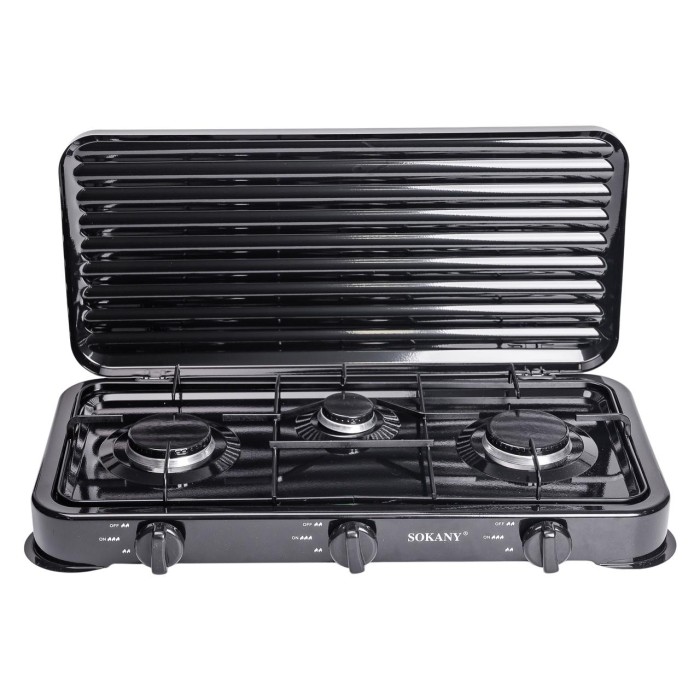 Настільна газова плита на 3 конфорки міні газова плита для балонного газу Чорна Sokany SK-6003 (86950)