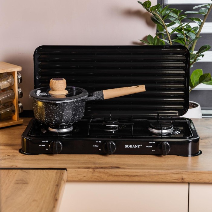 Настільна газова плита на 3 конфорки міні газова плита для балонного газу Чорна Sokany SK-6003 (86950)