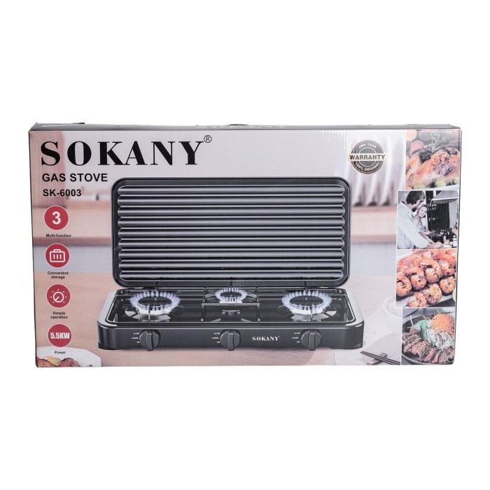 Настільна газова плита на 3 конфорки міні газова плита для балонного газу Чорна Sokany SK-6003 (86950)
