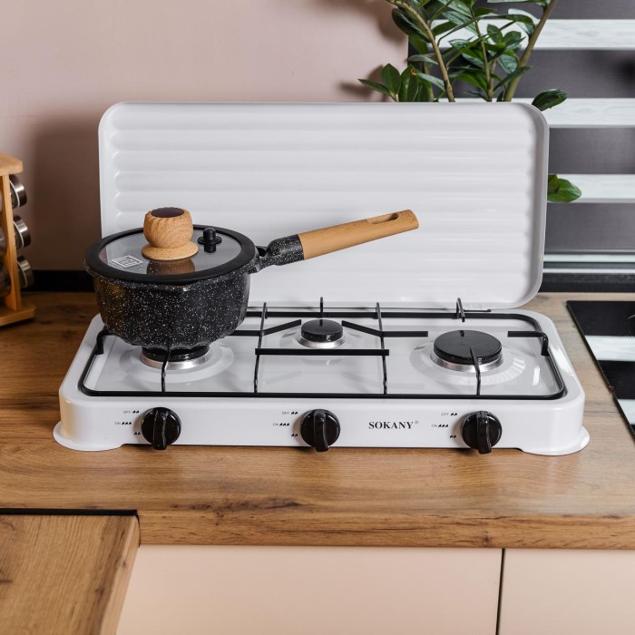 Настільна газова плита на 3 конфорки 5.5 кВт міні газова плита для балонного газу Біла Sokany SK-6003 (67424)