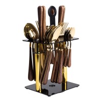 Набір столових приборів на 6 персон з дерев'яними ручками на підставці столові прибори 24 шт Золото (40550)