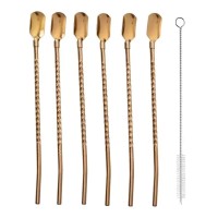 Набір багаторазових ложок-трубочок 6 шт для напоїв 22 см зі щіткою для миття з нержавіючої сталі Бронзовий (87351)