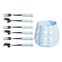 Набір десертних виделок і ложок на 3 персони з підставкою з кераміки 7 предметів Блакитний HP-20-57 (78369)