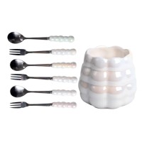 Набір десертних виделок і ложок на 3 персони з підставкою з кераміки 7 предметів Перламутровий HP-20-62 (26934)